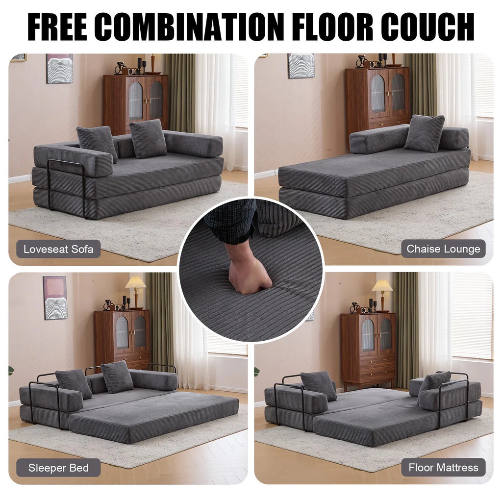 Taicans Convertible Floor Sofa Bed - 3 Seats Foldable Corduroy Futon Couch w/Pillow Support,Space-Saving Guest Bed for Living Room,Dorm,No Assembly Compressible Foam Mattress (Gray,76.7Inch L)