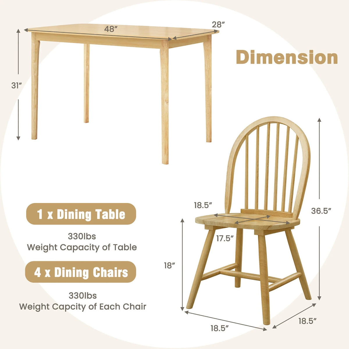 Gymax 5 PCS Wooden Dining Table Set 48'' Rectangular Kitchen Table & 4 Windsor Chairs