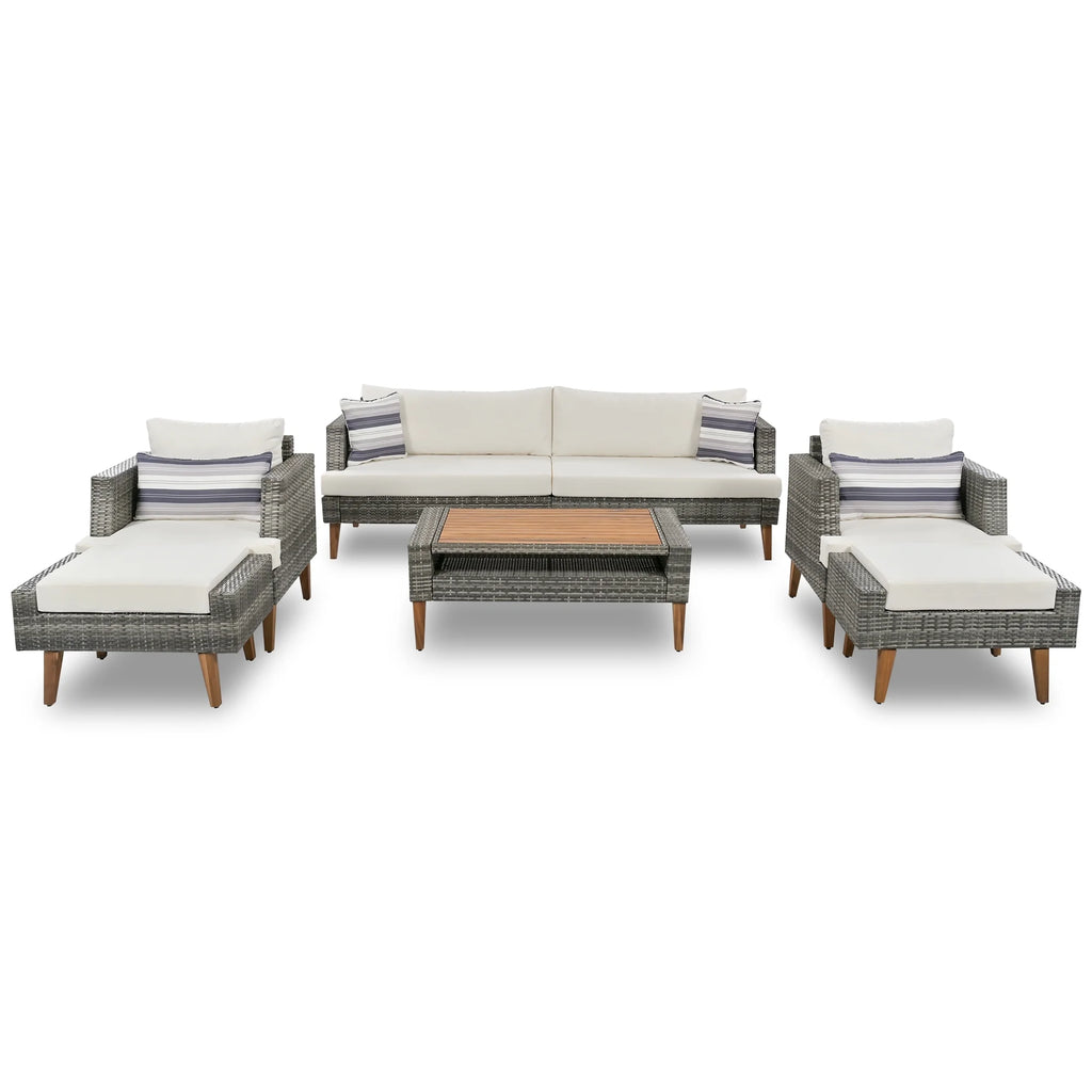 6 Pieces Wicker Patio Furniture Set Outdoor Conversation Set, All Weather PE Rattan Sectional Sofa Couch with Storage Table and Cushions, Beige