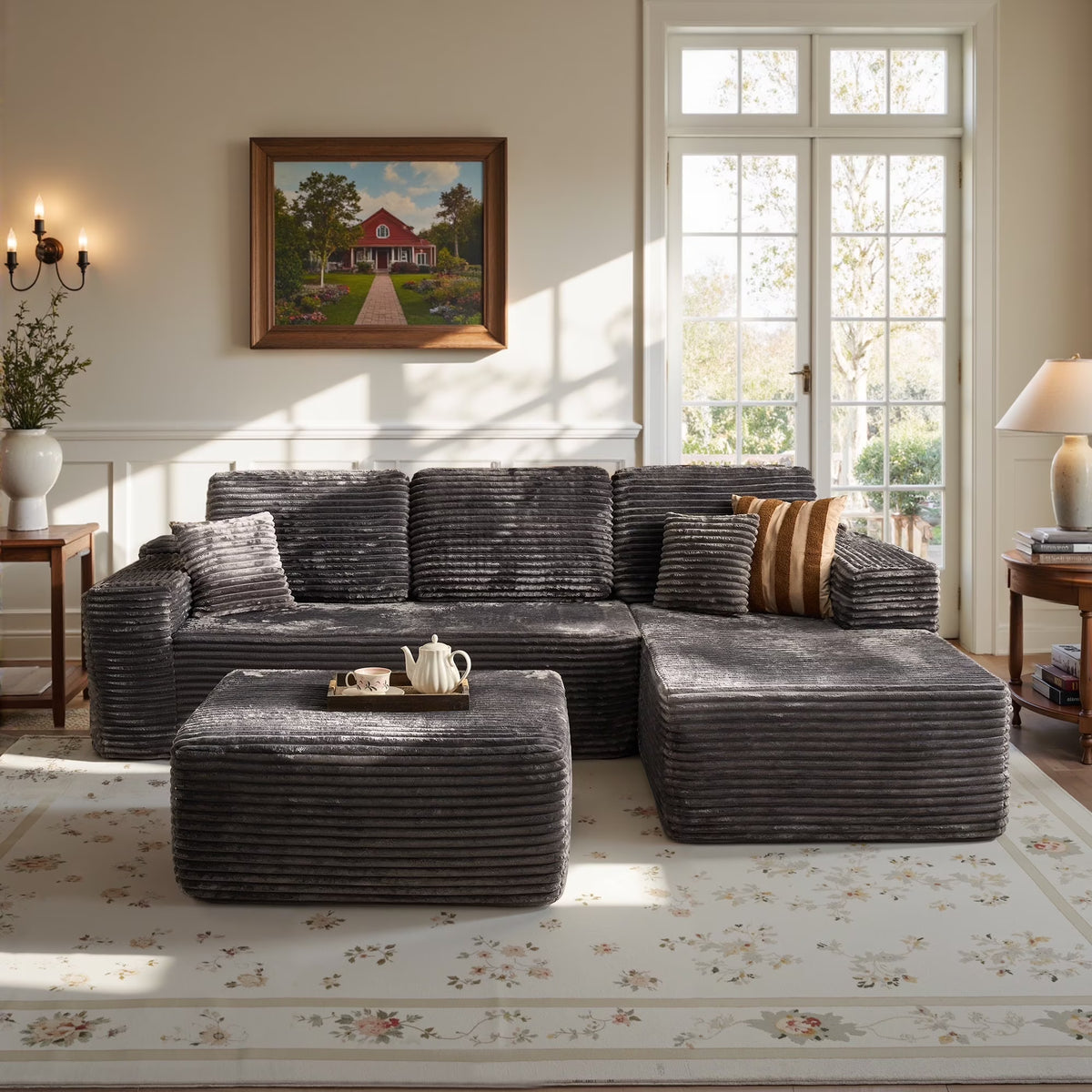 Ovios 106" L-Shaped Sectional Sofa Modern Modular Cloud Couch with Deep Seating Upholstered Sofa for Living Room Bedroom, No Assembly Required, Black(Corduroy)