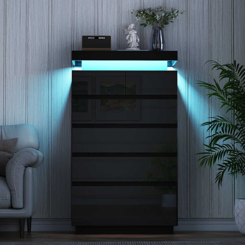 NEGYLIM 6 Drawer White Dresser, High Gloss Dresser with LED Light for Bedroom, Living Room, Hallway, Easy Assembly