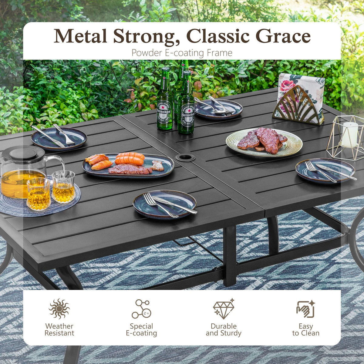 Sophia & William 60" x 38" Outdoor Metal Rectangular Dining Table for 6, Black