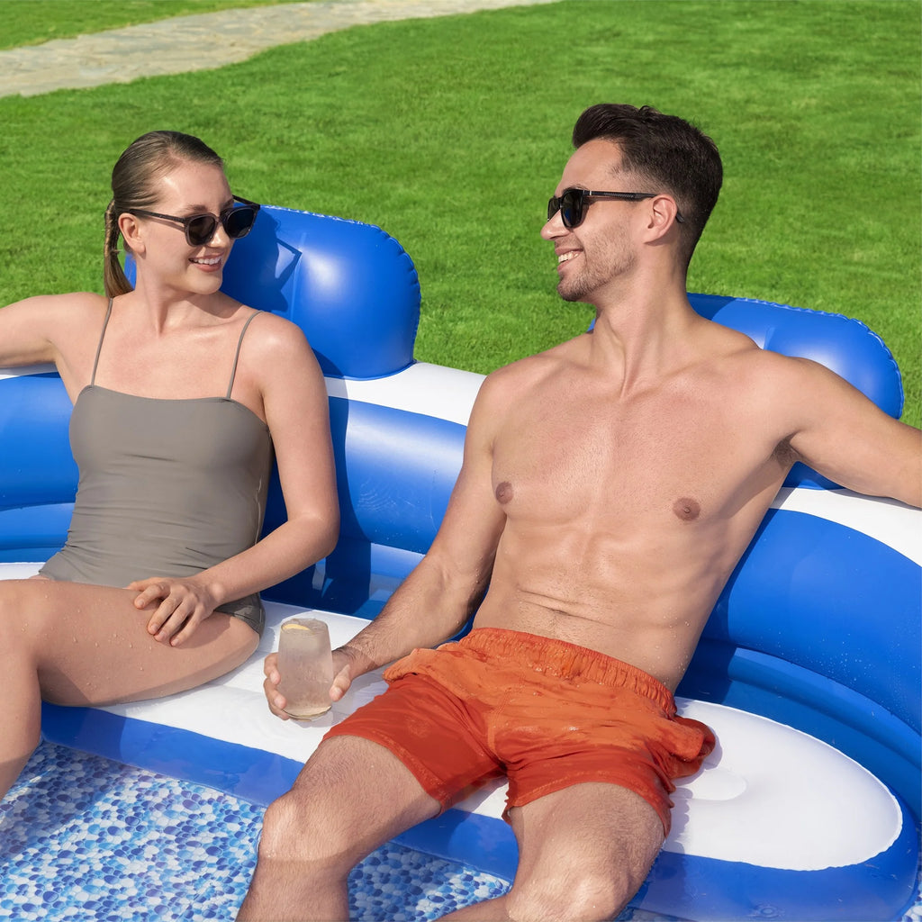 H2OGO! Splash Paradise Family Pool 7'7" x 7'2" x 31"  - Inflatable, Blue & White, Bestway, 225 Gallon Capacity, Outdoor & Backyard, Bench Seat, Built-In Cupholders, Suitable For Children Ages 6+
