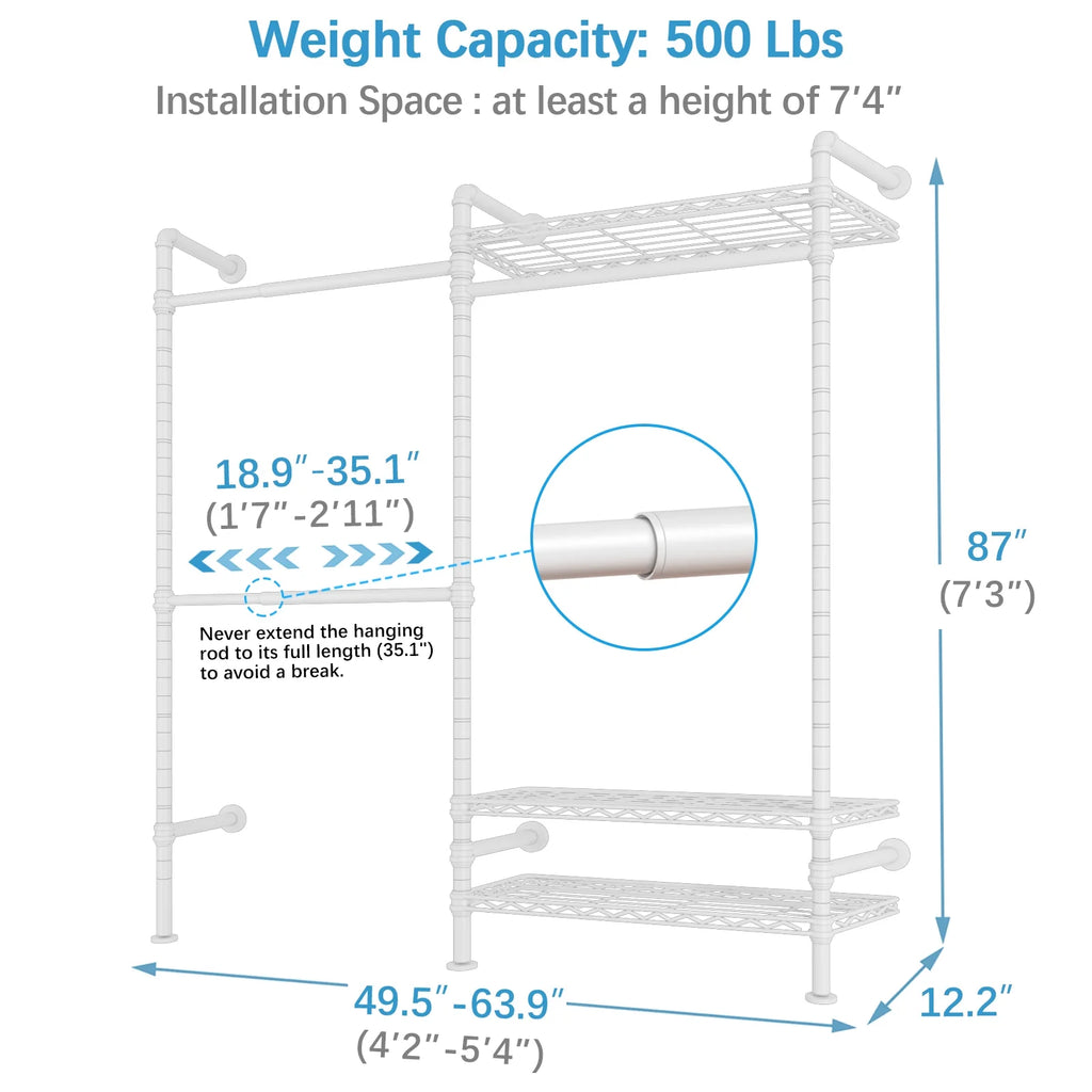 Timate F2 Industrial Pipe Clothes Rack Wall Mounted Clothing Rack for Hanging Clothes,Black