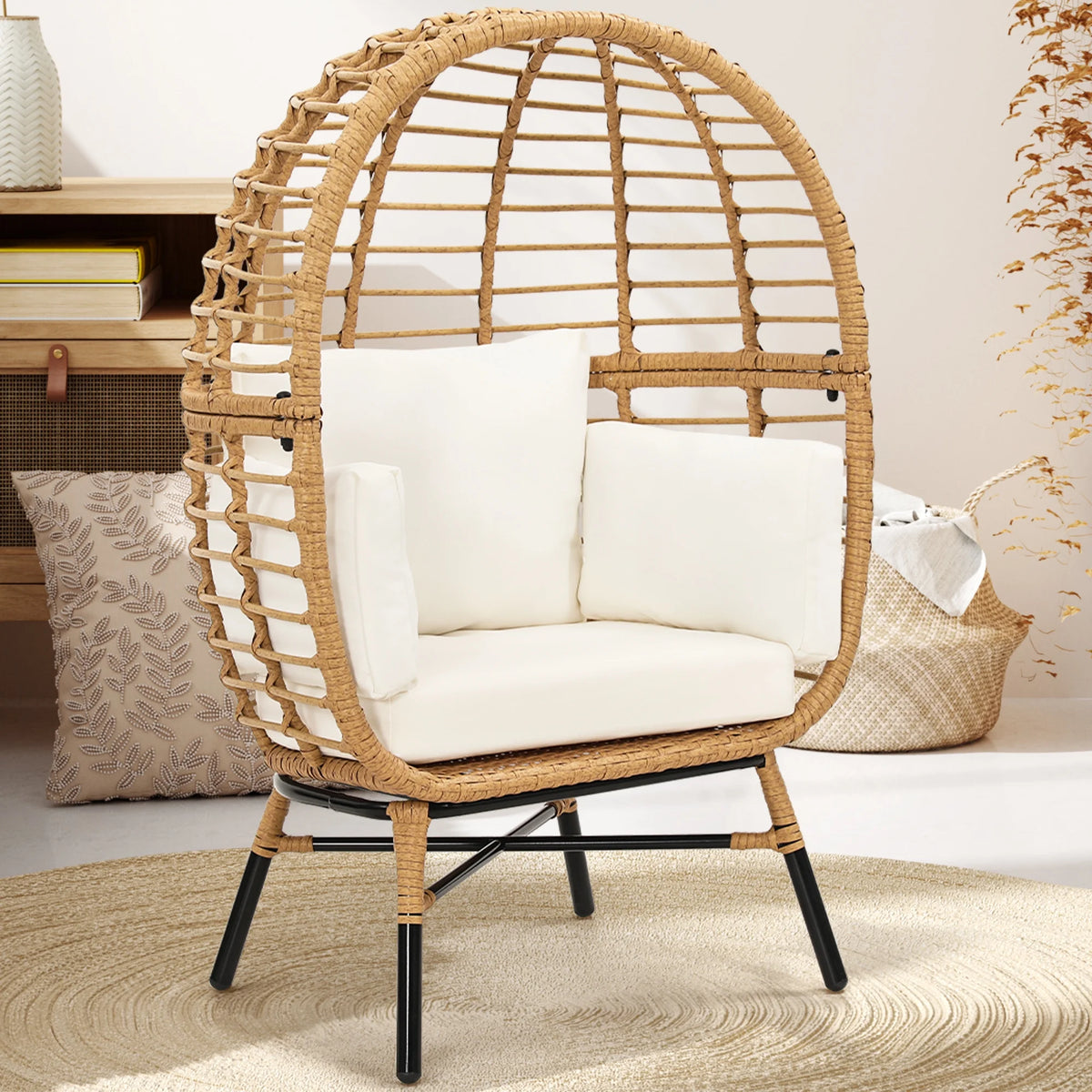 Skandiquip Oversized Rattan Adult Egg Chair, 360 Swivel, Outdoor Patio Chair with overstuffed Cushions, Indoor Large Wicker Egg Chair, Natural Rattan, Beige Cushion