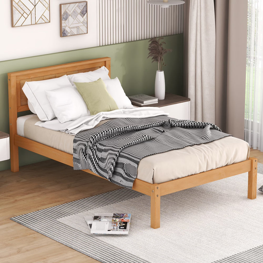Euroco Twin Platform Bed, Modern Wood Frame Bed with Headboard and Slats for Kids Room, Oak