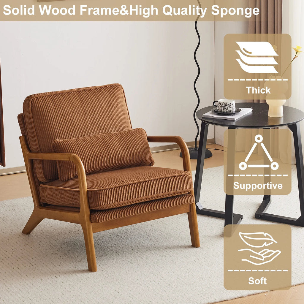 Ktaxon Accent Chair Corduroy Upholstered Armchair, Reading Club Chair with Pillow and Solid Wood Frame for Living Room Bedroom Furniture Off White
