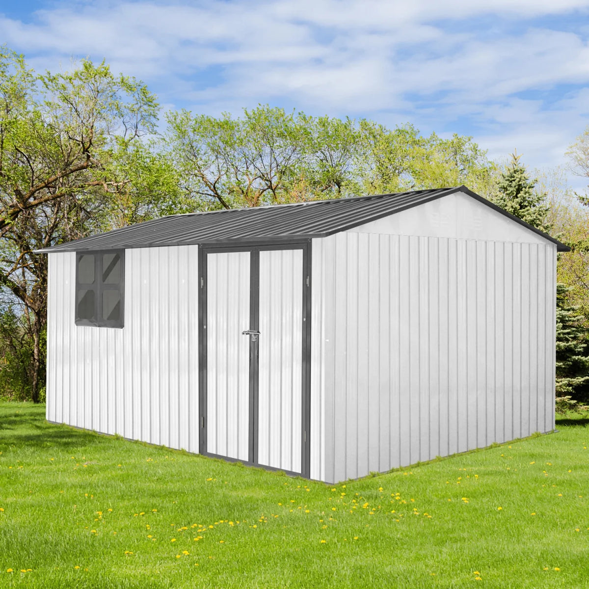 10x12 FT Outdoor Storage Shed, Metal Garden Tool Shed with Vents, Window and Bulit-in Hooks, Waterproof  Organization for Home/Backyard/Garden Tools/Lawn Storage, Yellow+White
