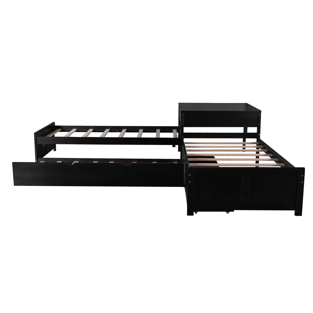 Euroco Wood Twin Size L-Shaped Platform Bed with Square Storage Table for Kids Teens, 2 Platform Beds with Trundle and Drawers for Living Room, 3 Twin Beds, Gray