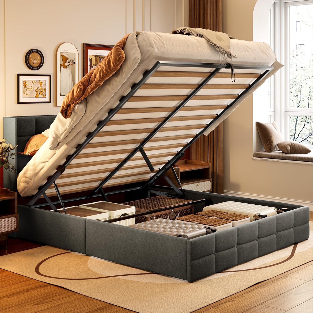 Lofka Lift Up Storage Bed Full Size, Modern Wingback Headboard, No Box Spring Needed, Hydraulic Storage, Dark Grey