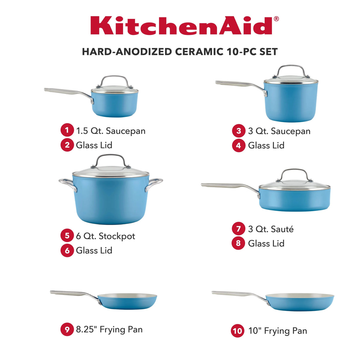 KitchenAid Hard Anodized 10 Pcs Ceramic Nonstick Cookware Pots and Pans Set, Oven Safe to 500F, Pistachio