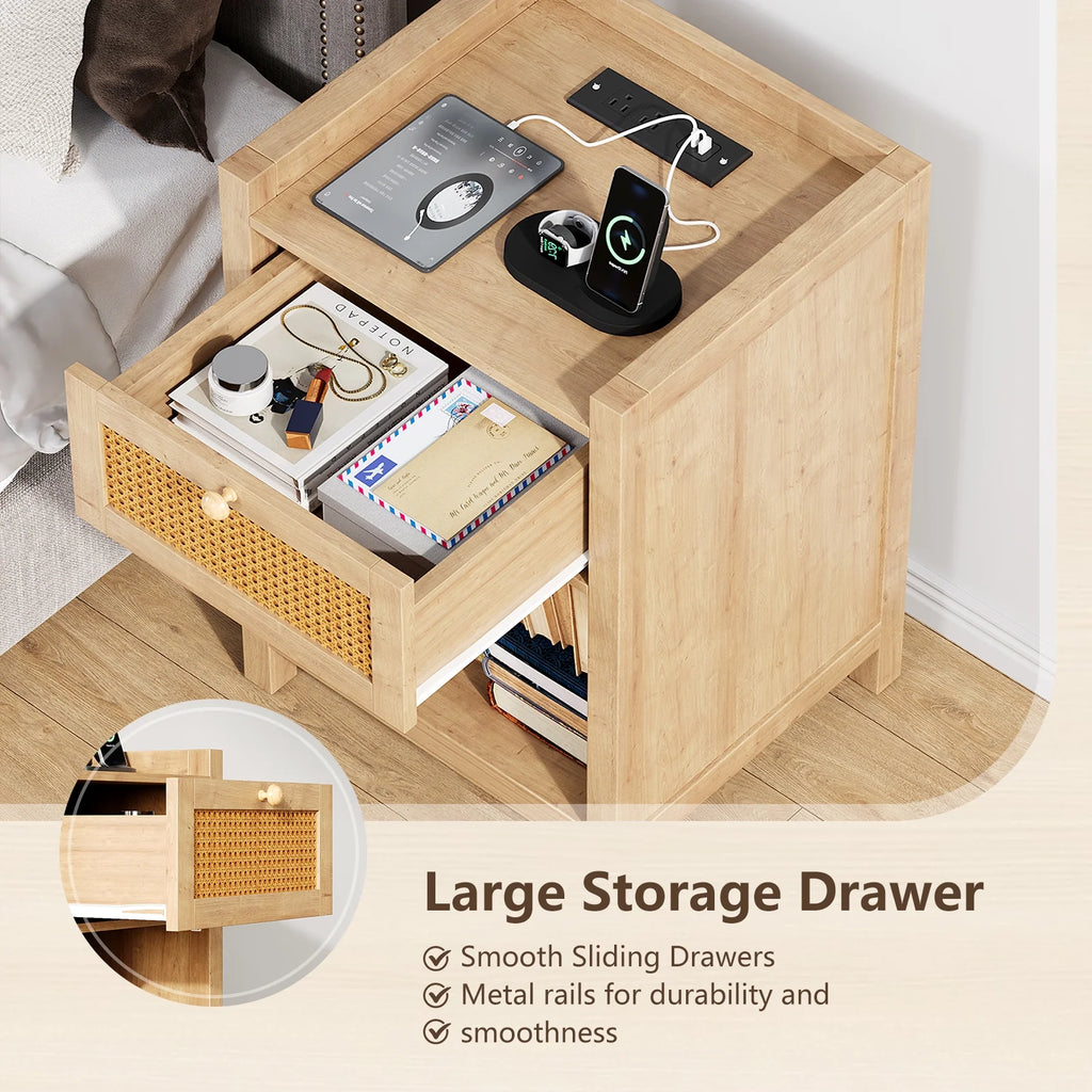 LGHM Nightstand Set of 2 with Charging Station, Farmhouse Bedside Tables Night Stands with Drawer, Boho Side Tables for Bedroom, Living Room, Oak