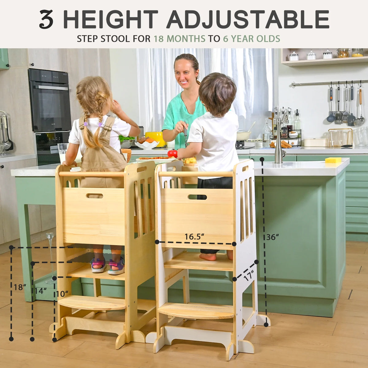 Toddler Standing Tower, Kids Kitchen Stool Helper 3 Levels Adjustable Height Wooden Toddler Step Stools for Learning New Skills