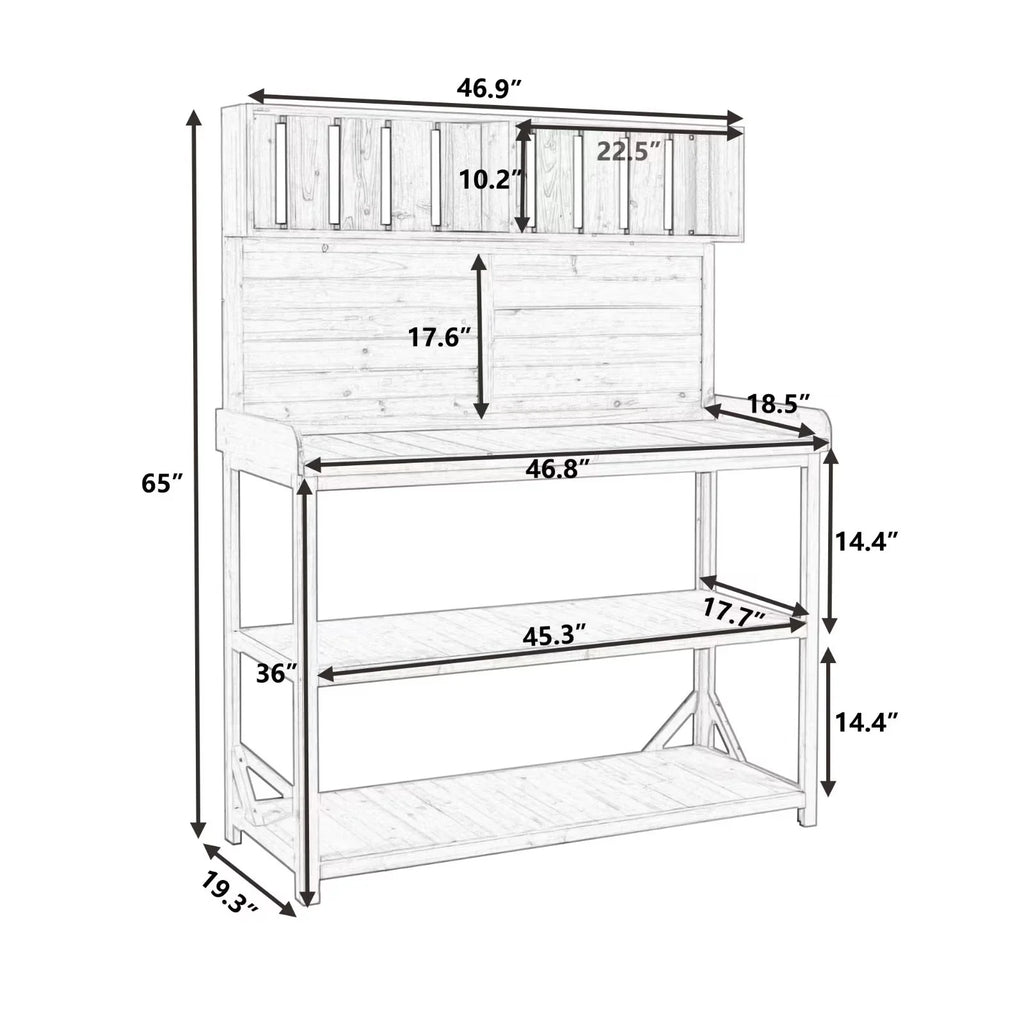 65" Outdoor Potting Bench Table, Farmhouse Wooden Garden Patio Workstation with 4 Storage Shelves and 3 Side Hooks, Multifunctional Potting Planting Table for Mudroom, Backyard, Natural