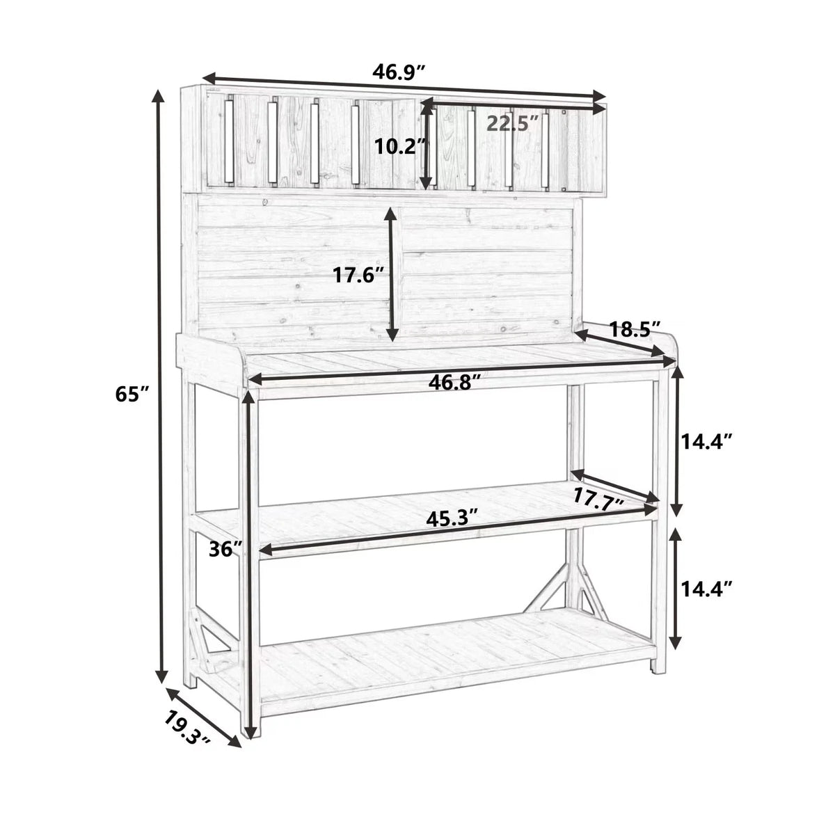 65" Outdoor Potting Bench Table, Farmhouse Wooden Garden Patio Workstation with 4 Storage Shelves and 3 Side Hooks, Multifunctional Potting Planting Table for Mudroom, Backyard, Natural