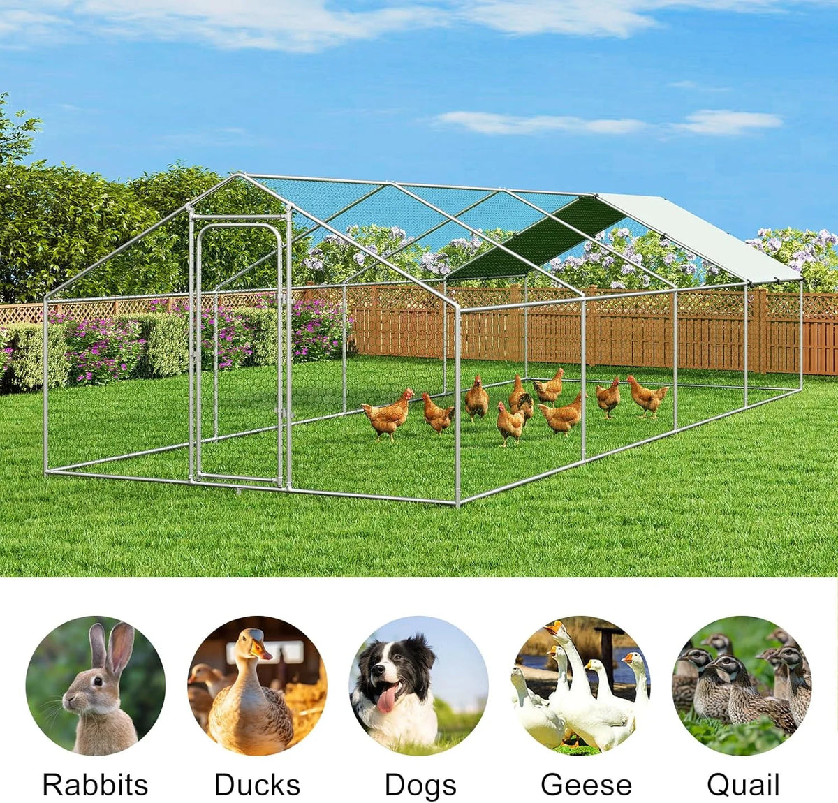Large Metal Chicken Coop Walk-in Poultry Cage with Waterproof and UV-Resistant Cover Outdoor Chicken Run Hen Rabbit Duck House for Backyard Farm Use Spire Roof(10 W x 4.9 L x 6.4 H)