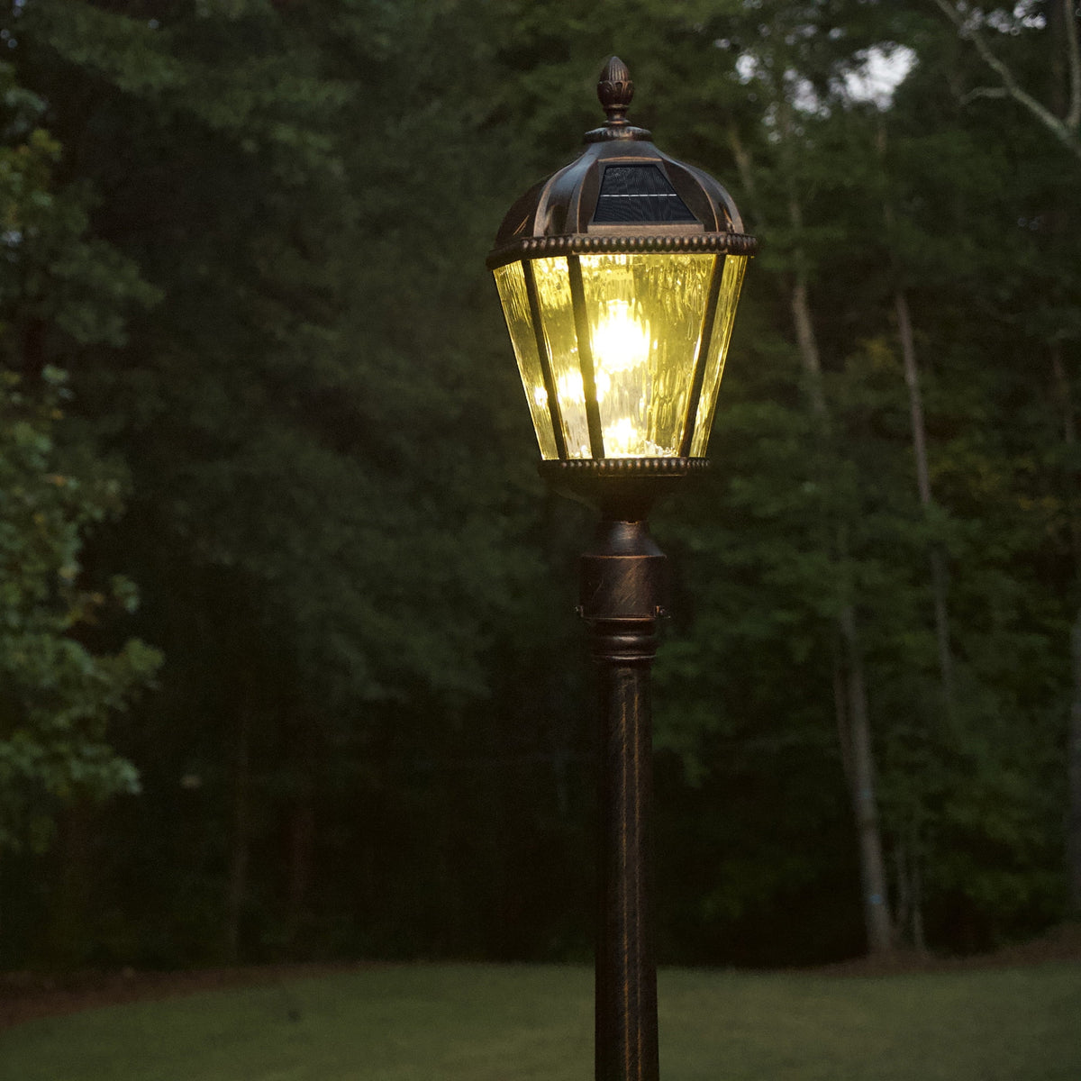 Gama Sonic Solar Outdoor Lamp Post Light, Black Cast Aluminum and Beveled Glass Panels, 10-Year Royal Bulb, Warm White LED with Omni-Direction Reflector, 87-inch Height, 98B001