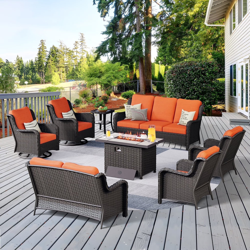 Vcatnet 8 Pieces Outdoor Patio Furniture Sectional Sofa All-weather Conversation Set with Swivel Rocking Chairs and Fire Pit Table for Garden,Poolside,Gray