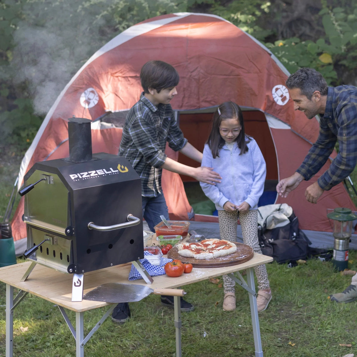 Pizzello Outdoor Pizza Oven Wood Burning for Cooking 2 Pizzas Outside Pizza Maker with Pizza Stone, Pizza Peel, Cover - Black + Silver