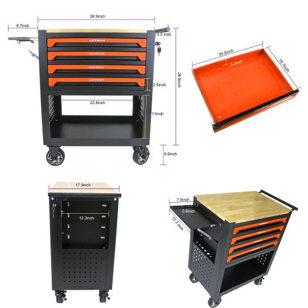 ARTMAN 4-Drawer Tool Cart with Wheels and Drawers ,Wood Top Tool Box Cart for Workshop Warehouse Garage