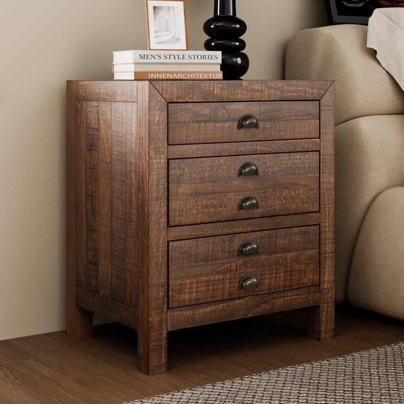 Rustic Farmhouse Style Three-Drawer Solid Pine Wood Nightstand  Set of 2,with Cup Pulls and Integrated Charge Station