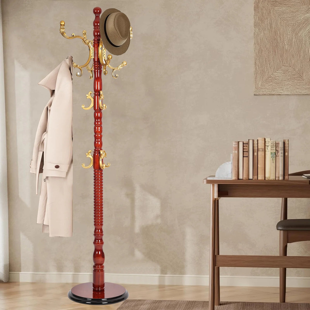Coat Rack Freestanding, Hall Tree with 11 Hooks, Heavy Duty Wooden Coat Tree Stand, Adjustable Height, Sturdy Base for Bedroom Hallway Office - Load 270lbs