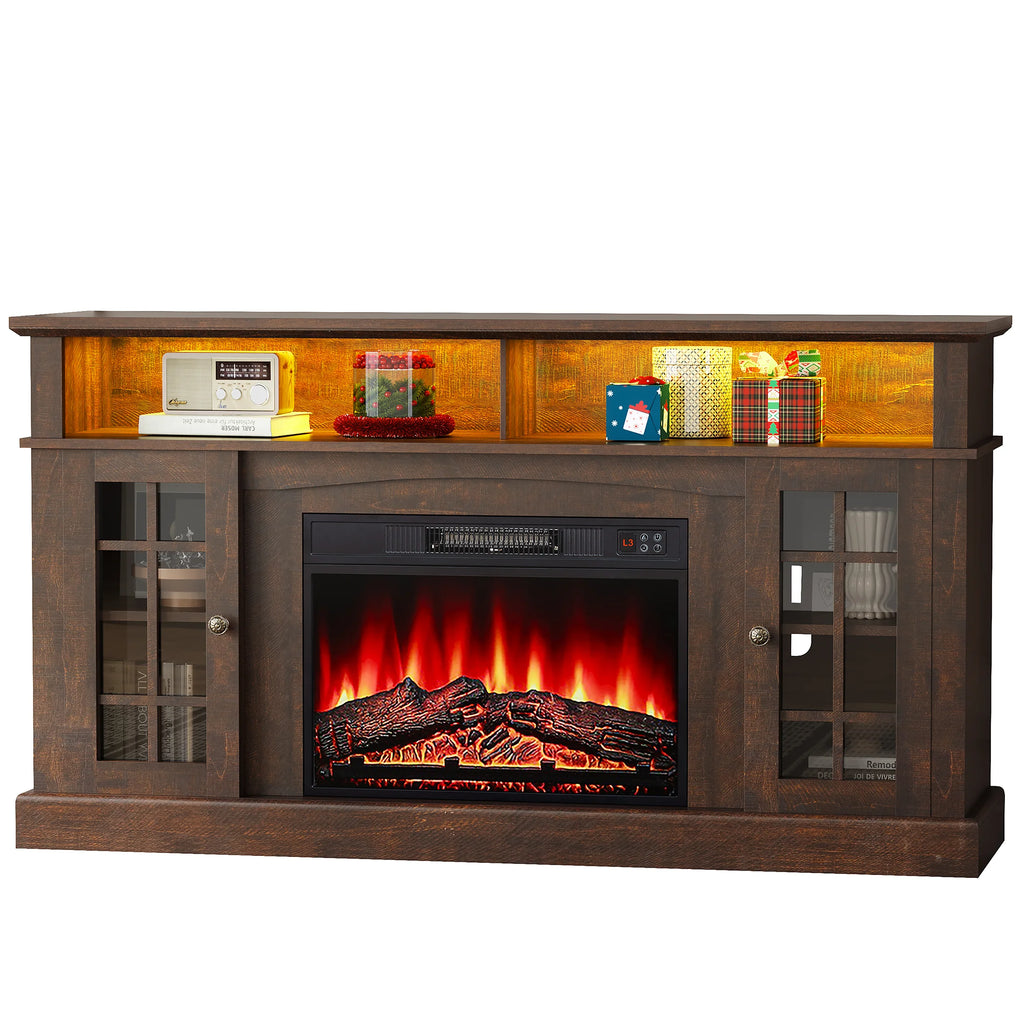 SESSLIFE Fireplace TV Stand for 65 Inch TV, TV Console with 23''Electric Fireplace, Console Entertainment Center Television Table for Living Room or Bedroom, Brown