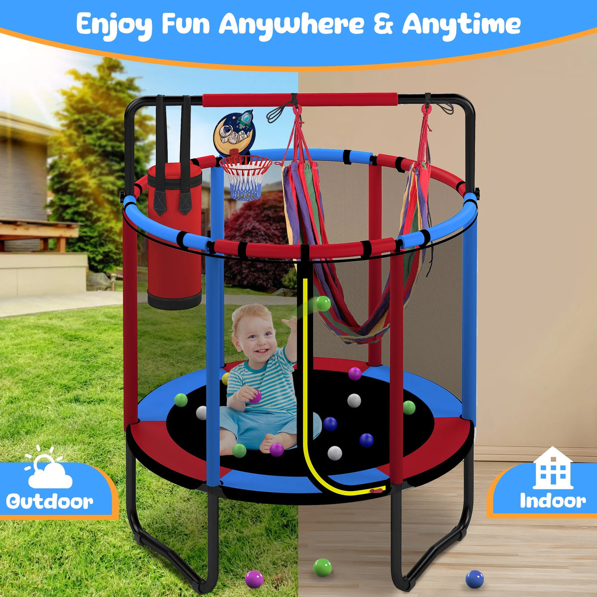 Mini Round Trampoline for Kids with Basketball Hoop, SEGMART 55'' Indoor Outdoor Toddler Trampoline with Enclosure Net, Swing, Sandbag, Ring, Ocean Balls, Small Trampoline Gift for Boys Girls, Blue