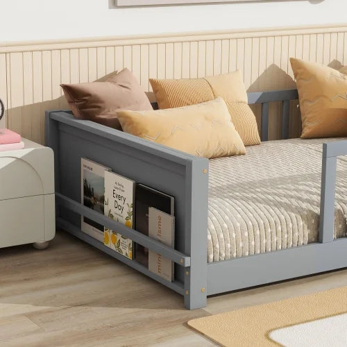 Bellemave Twin Size Floor Bed with Fence, Montessori Floor Twin Bed with Built-in Book Rack, Solid Wood Twin Bed with Slats and Safety Guardrails, Natural