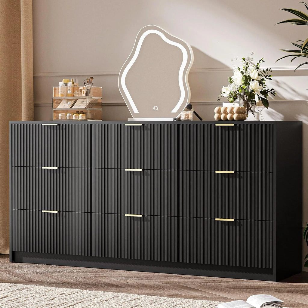 Furniway Fluted Large 9-Drawer Black Dresser