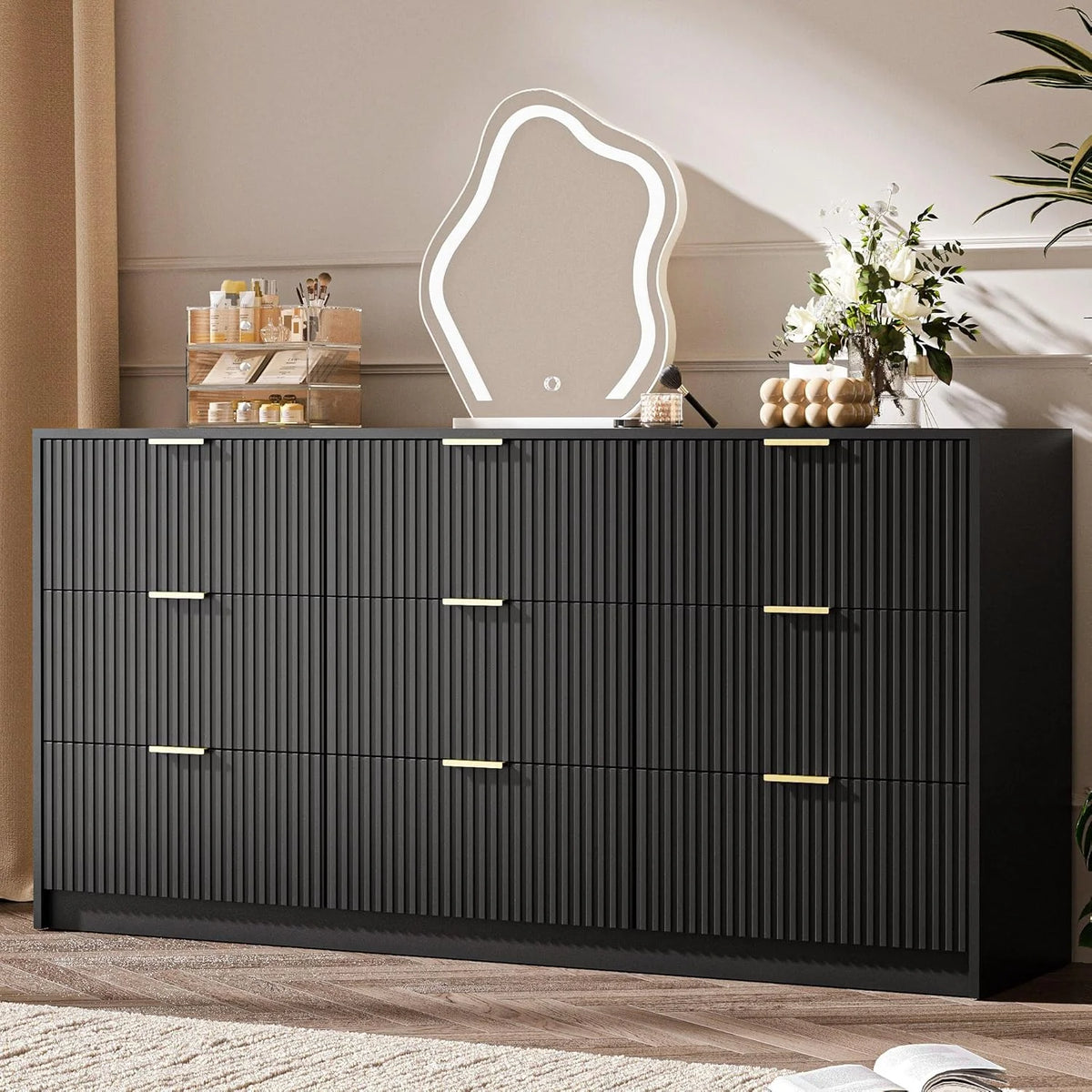 Furniway Fluted Large 9-Drawer Black Dresser