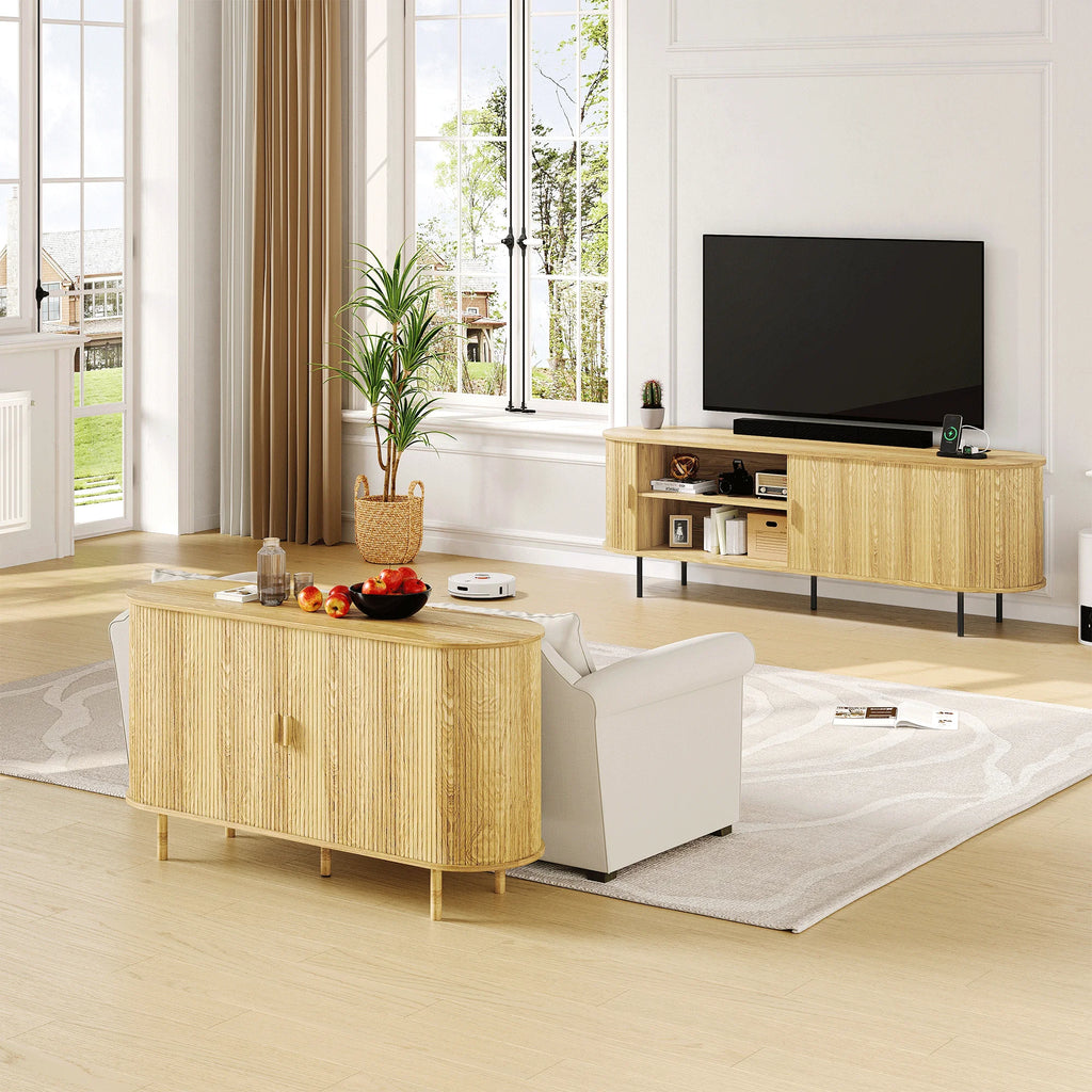MARNUR 63" TV Stand for 70" TV, Wood Entertainment Center with Storage and Shelves, 2 Sliding Tambour Doors, Mid-Century Modern, Walnut