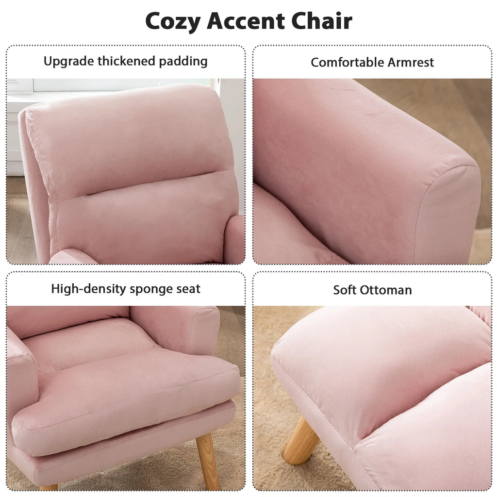 Bestier Adjustable Accent Chairs with Ottoman, Velvet Fabric Armchair for Bedroom Living Room, Comfy Lounge Chair with Padded Backrest and Side Pocket, Soft Reading Chair, Beige