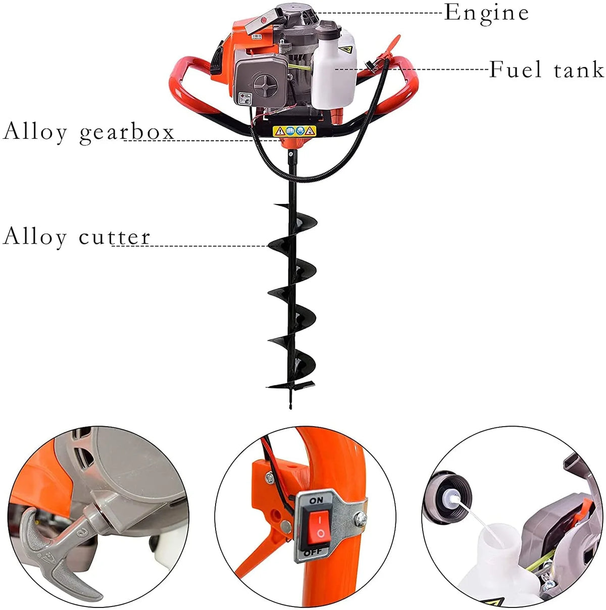Datingday 72CC 4HP Stroke Gas Post Hole Digger Gas Powered Post Hole Digger Auger Petrol Drill Bit Earth Borer(4" & 6" & 8") Ultra Sharp Blades