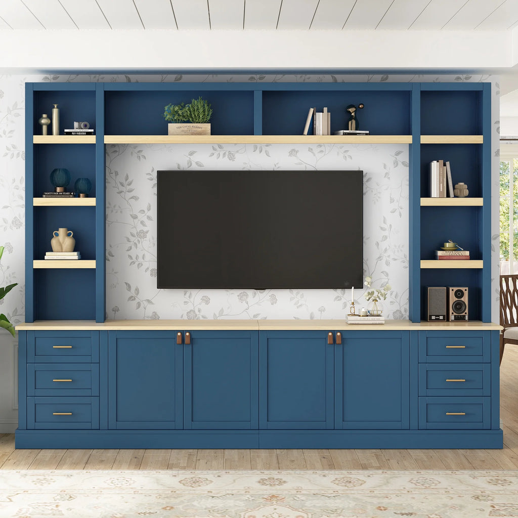 Euroco 102.3"W Farmhouse 4-Piece Entertainment Center Wall Unit with Adjustable Shelf, Modern Large TV Stand with Bookshelves