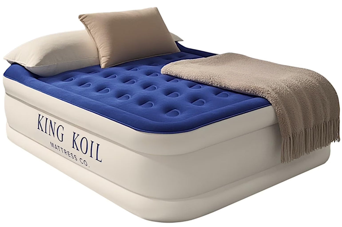 King Koil Pillow Top Plush Queen Air Mattress With Built-in High-Speed Pump Best For Home, Camping, Guests, Queen Size Luxury Double Airbed Adjustable Blow Up Mattress, Waterproof, 1-Year Warranty