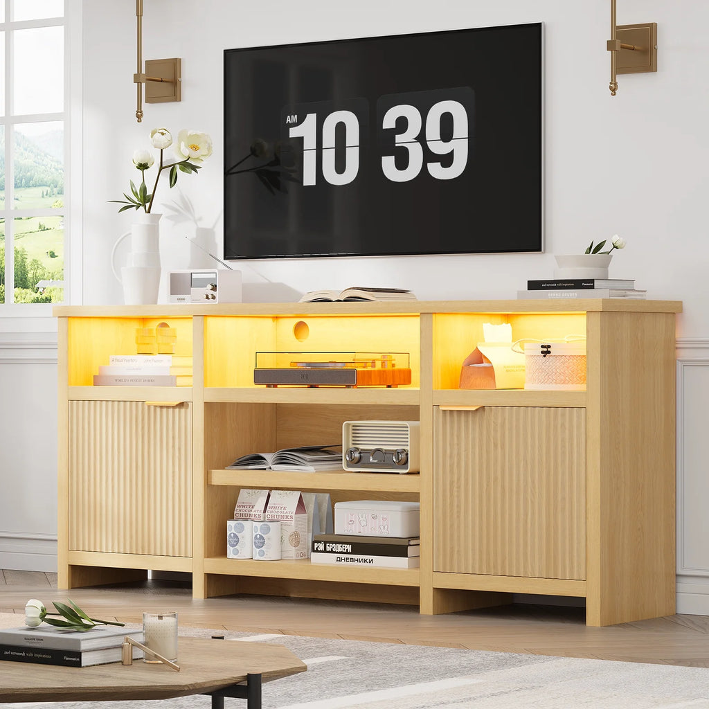 Planntonneo Mid-Century Modern Fluted TV Stand Wooden Media Console Entertainment Center for Living Room, Walnut Color