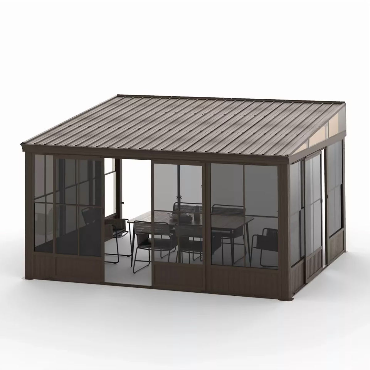 TOTAL Outdoor 10'x12' All-Season Sunroom Gazebo with Steel Roof, PVC Screen, Front & Side Door, Brown