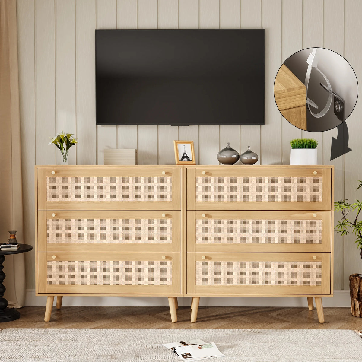 Farmhouse Rattan Dresser with 3 Drawers - Wooden Storage Chest for Bedroom, Living Room & Hallway, Vintage Style Organizer