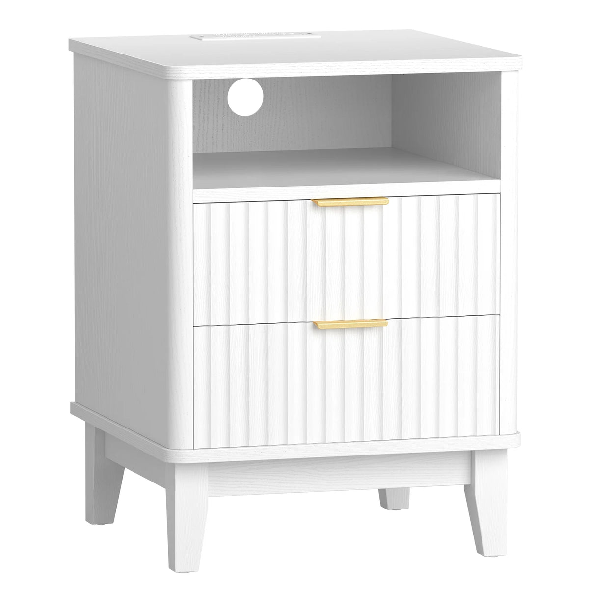 Night Stand with Charger Station, Fluted Nightstand with 2 Drawers and Storage Shelf, Mid Century Modern End Table for Bedroom Living Room,Natural