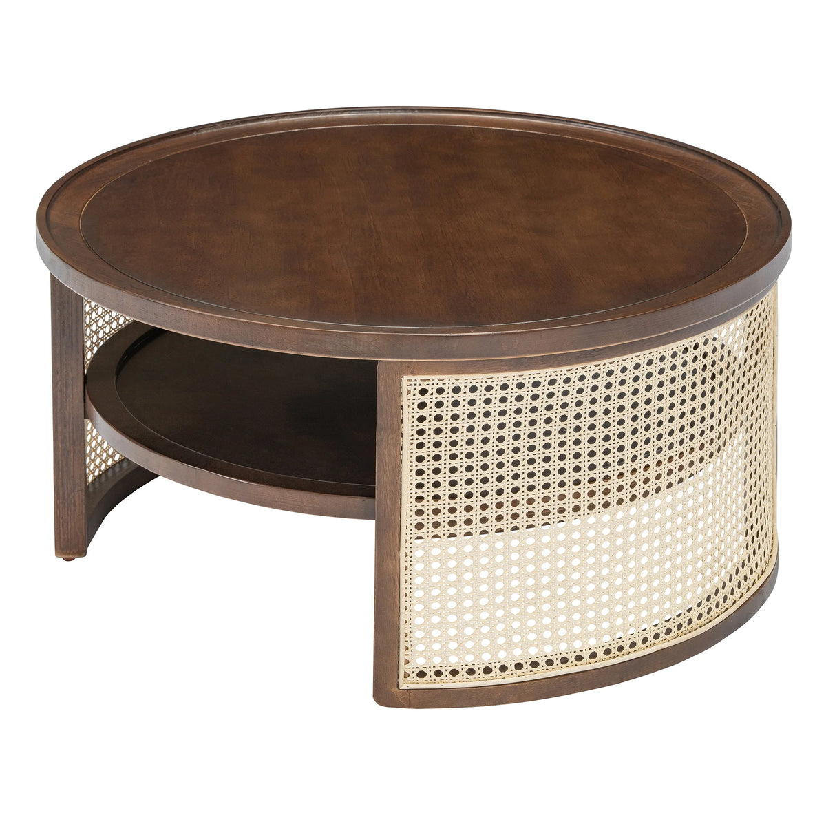 Harper & Bright Designs Rattan Round Coffee Table with Storage Shelf, Round Cane Wood Center Table for Living Room, 37'' Brown