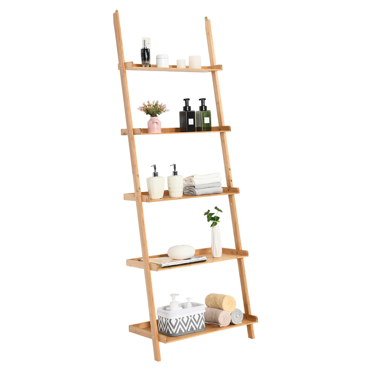 Costway 5-Tier Ladder Shelf Bamboo Bookshelf Wall-Leaning Storage Display Plant Stand