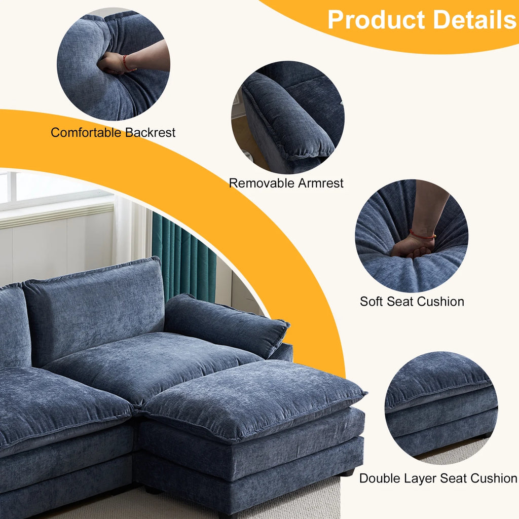 Zimtown Sectional Sofa with Ottoman, L Shaped Convertible Couch with Removable Chaise Chenille Fabric Sofa Set for 4-6 Persons Living Room Furniture Dark Grey