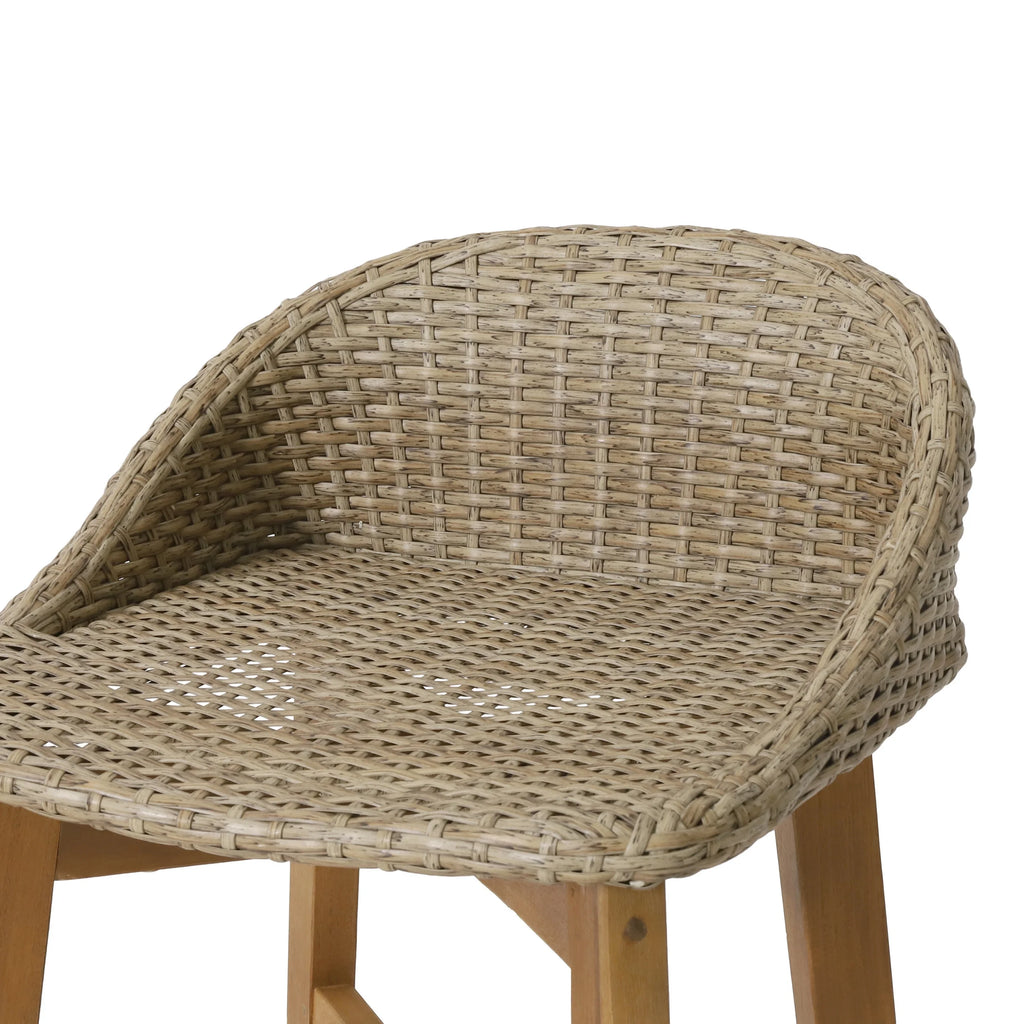 Borah Wicker and Acacia Wood Outdoor Barstools, Set of 4, Light Multibrown and Teak