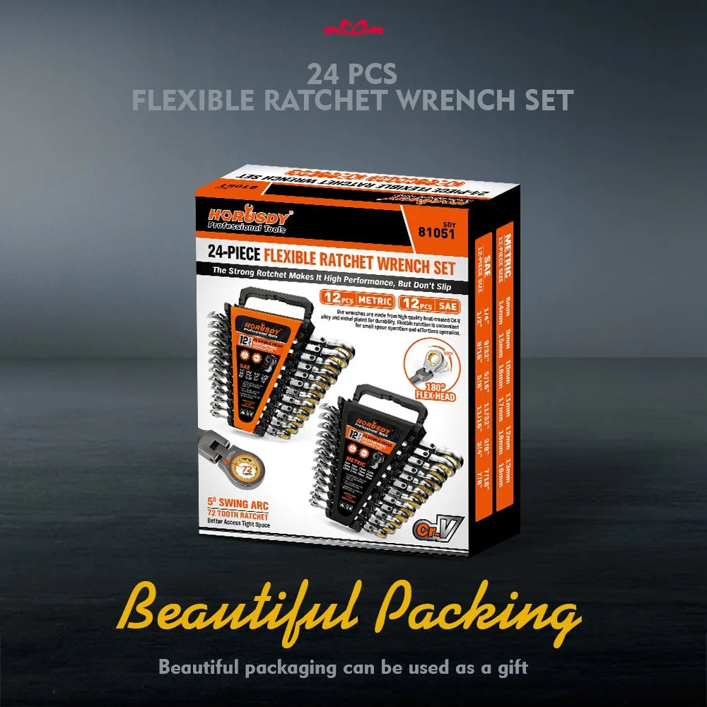 24PC Flex-Head Ratcheting Wrench Set Metric & SAE w/ Organizer 8-19mm 1/4"-7/8"