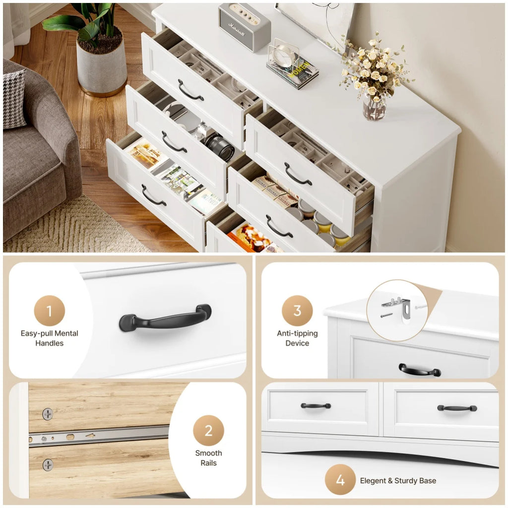 Lofka 3 Piece Nightstands and Dressers Sets , 6 Drawer Dresser & 4 Drawers Nightstand set of 2,Modern Engineered Wood ,White