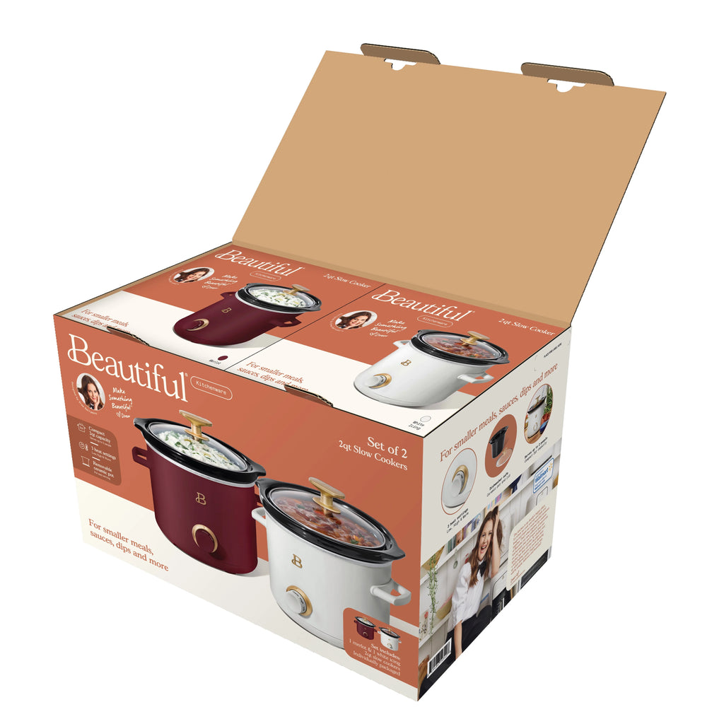 Beautiful 2 qt Slow Cooker Set, 2-Pack, White Icing and Merlot by Drew Barrymore, 19340, 100 W
