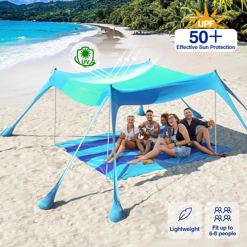 Rhino Valley Beach Tent Sun Shelter, Beach Canopy Tent Sun Shade U PF 50+ Protection with 8 Sandbags 4 Stability Poles, Outdoor Beach Shade Canopy for Beach, Camping, Fishing