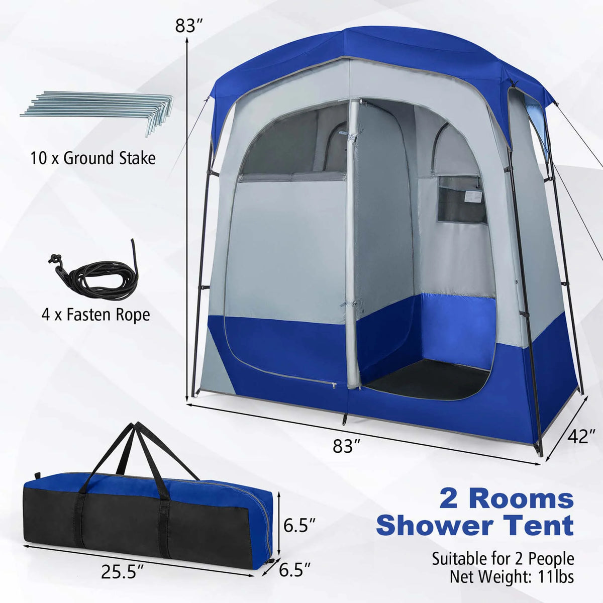 Costway 2 Room Shower Tent Oversize Privacy Shelter Portable Dressing Toilet Outdoor Gray