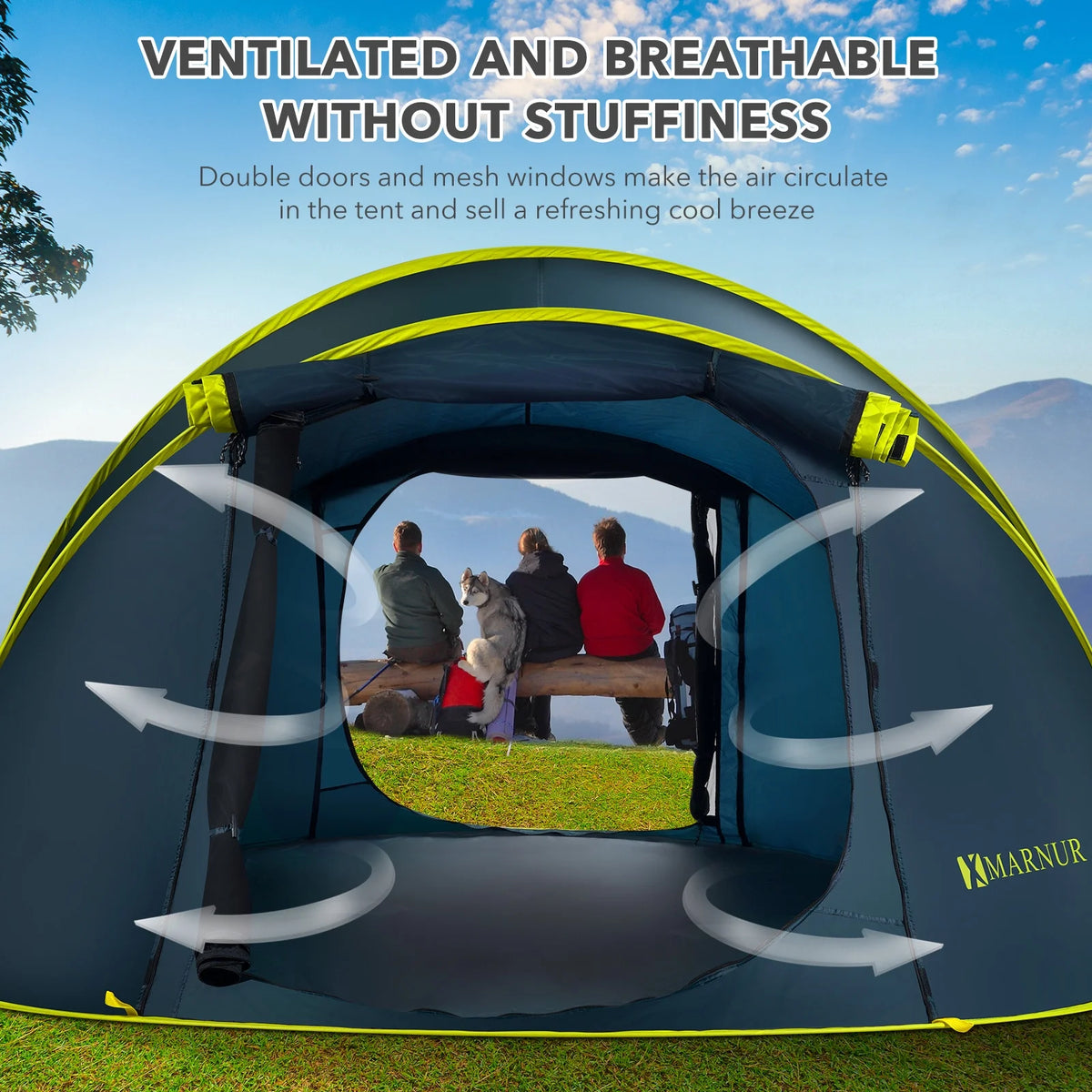 MARNUR Instant Tent 4-Person Camp Tent, Auto Setup Pop Up Tent, Pordable, Huge Door & Windows, Dark Blue